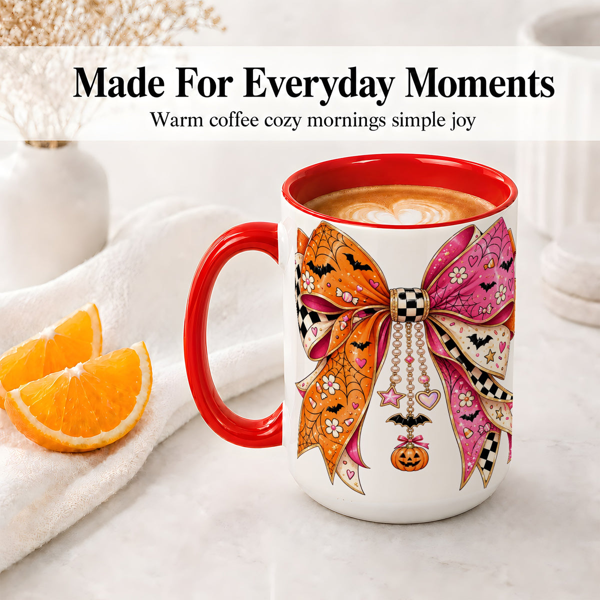 #pl[15oz|Red] Pink Orange Halloween Bow Ceramic Mug, Bat Web Pumpkin Artwork