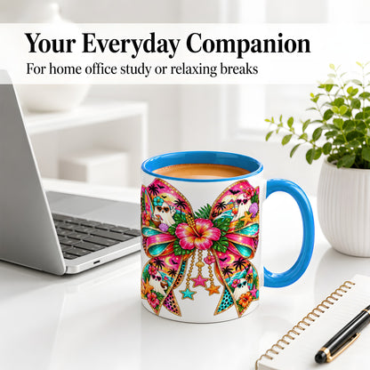 #pl[11oz|Blue] Tropical Ghost Bow Ceramic Mug, Colorful Beach Halloween Artwork