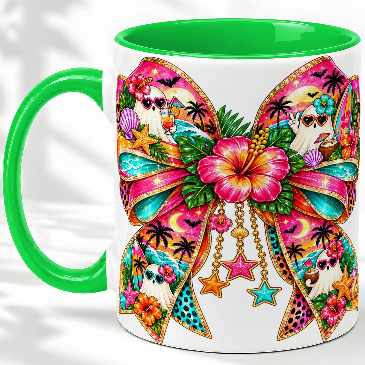#pl[11oz|Green] Tropical Ghost Bow Ceramic Mug, Colorful Beach Halloween Artwork