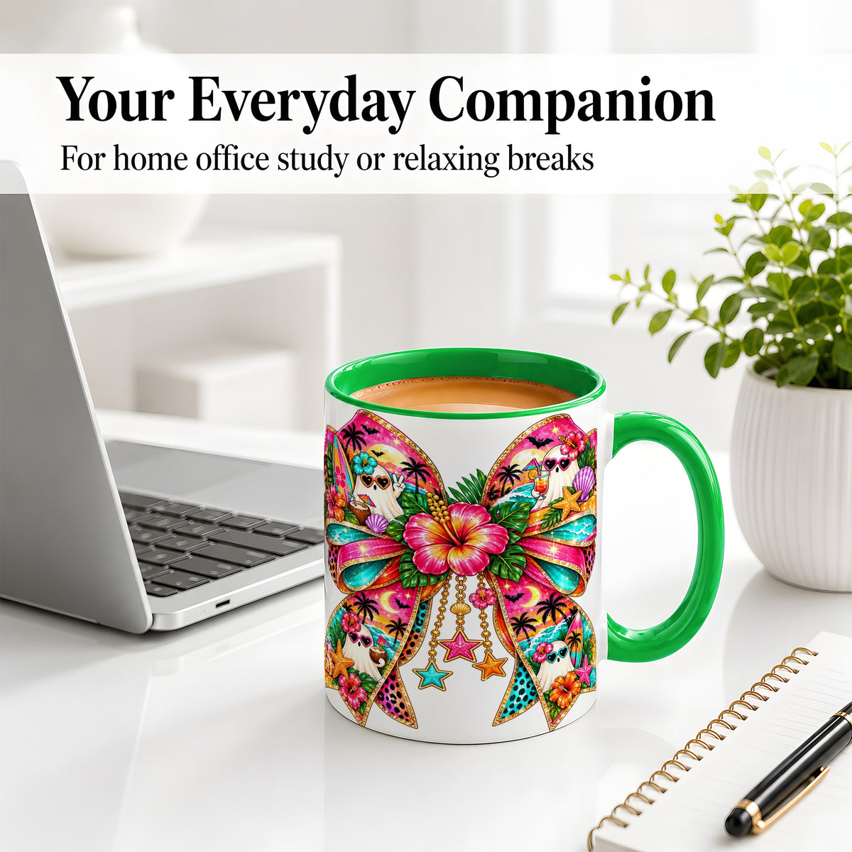 #pl[11oz|Green] Tropical Ghost Bow Ceramic Mug, Colorful Beach Halloween Artwork