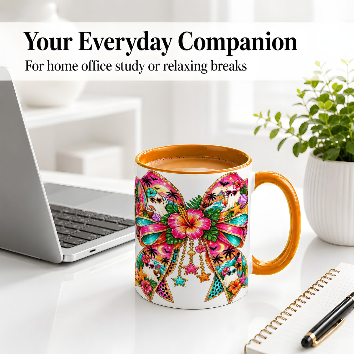 #pl[11oz|Orange] Tropical Ghost Bow Ceramic Mug, Colorful Beach Halloween Artwork