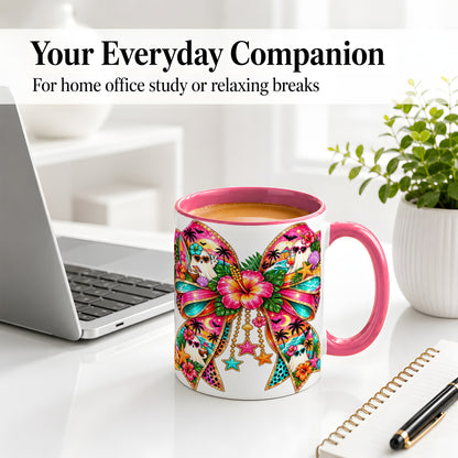 #pl[11oz|Pink] Tropical Ghost Bow Ceramic Mug, Colorful Beach Halloween Artwork