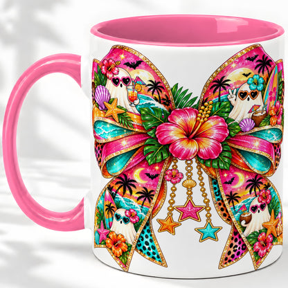 #pl[11oz|Pink] Tropical Ghost Bow Ceramic Mug, Colorful Beach Halloween Artwork