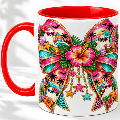 Tropical Ghost Bow Ceramic Mug, Colorful Beach Halloween Artwork