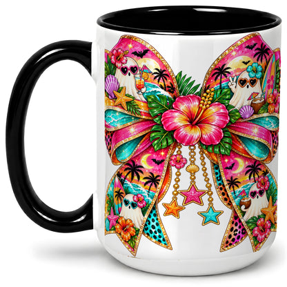 #pl[15oz|Black] Tropical Ghost Bow Ceramic Mug, Colorful Beach Halloween Artwork