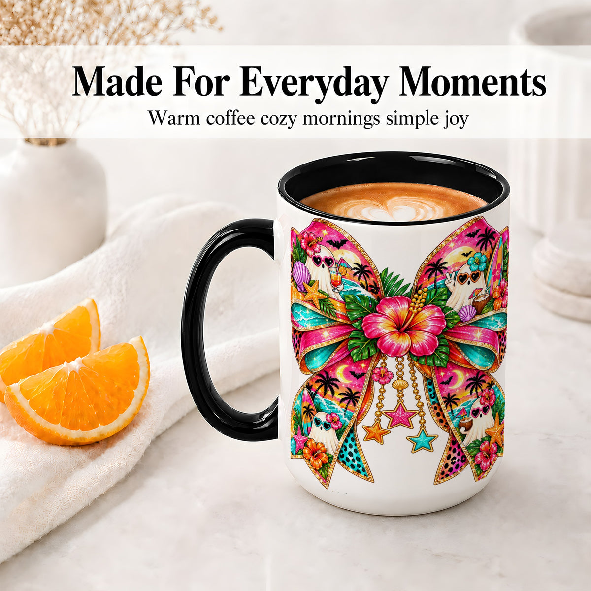 #pl[15oz|Black] Tropical Ghost Bow Ceramic Mug, Colorful Beach Halloween Artwork