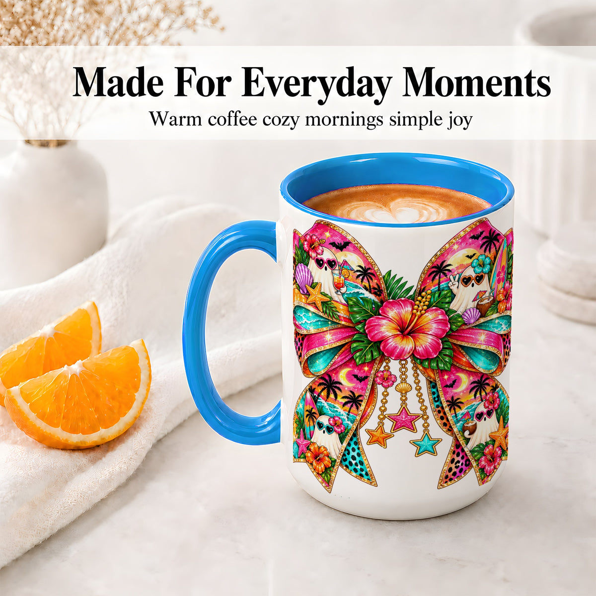 #pl[15oz|Blue] Tropical Ghost Bow Ceramic Mug, Colorful Beach Halloween Artwork