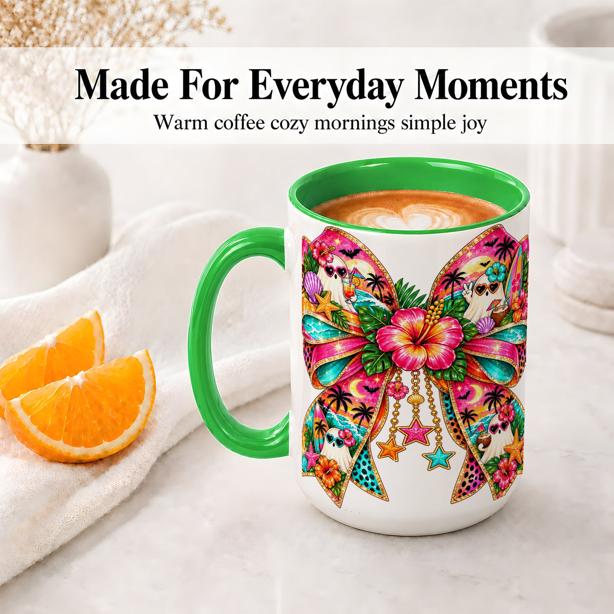 #pl[15oz|Green] Tropical Ghost Bow Ceramic Mug, Colorful Beach Halloween Artwork