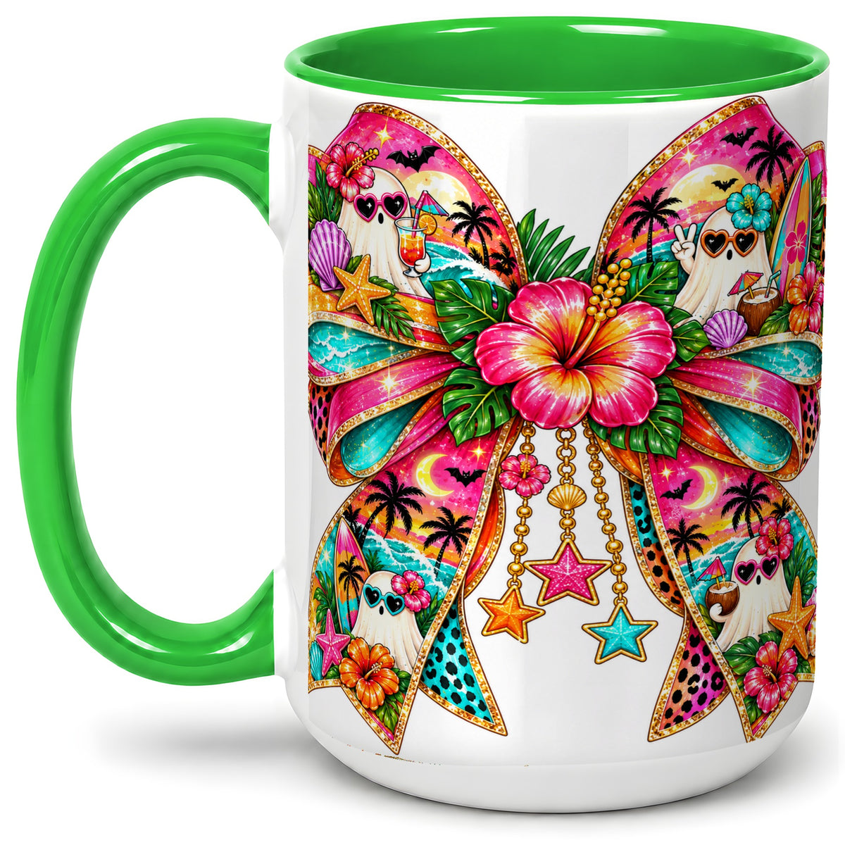 #pl[15oz|Green] Tropical Ghost Bow Ceramic Mug, Colorful Beach Halloween Artwork