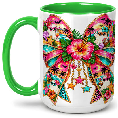 #pl[15oz|Green] Tropical Ghost Bow Ceramic Mug, Colorful Beach Halloween Artwork