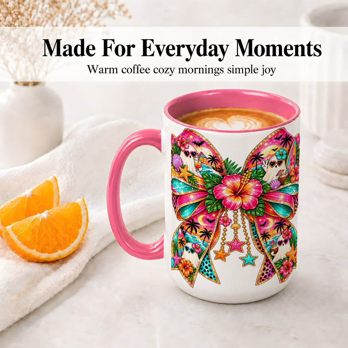 #pl[15oz|Pink] Tropical Ghost Bow Ceramic Mug, Colorful Beach Halloween Artwork