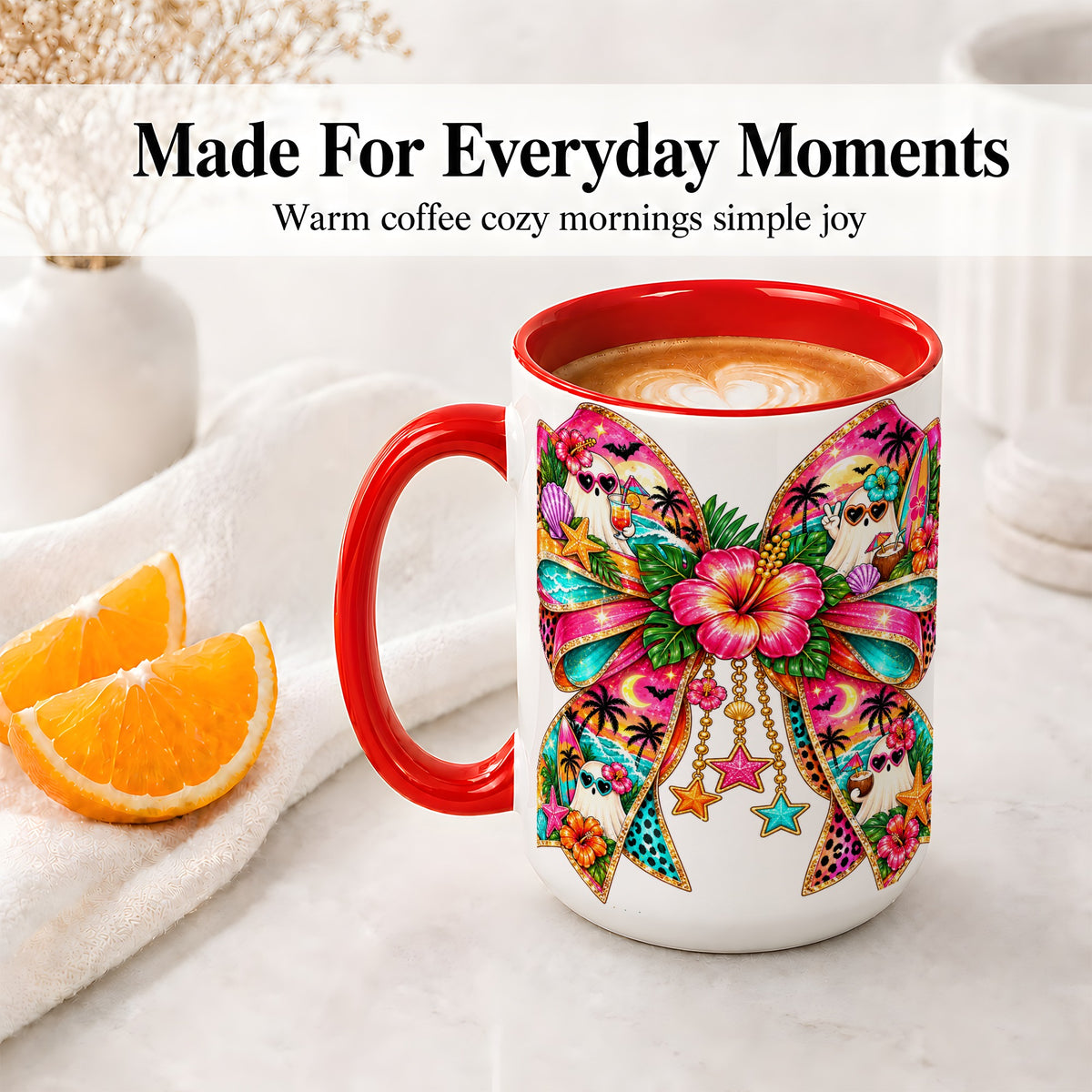 #pl[15oz|Red] Tropical Ghost Bow Ceramic Mug, Colorful Beach Halloween Artwork