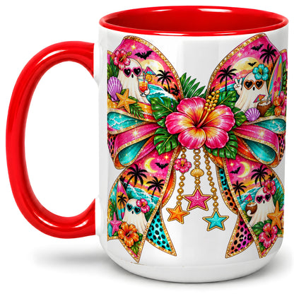 #pl[15oz|Red] Tropical Ghost Bow Ceramic Mug, Colorful Beach Halloween Artwork