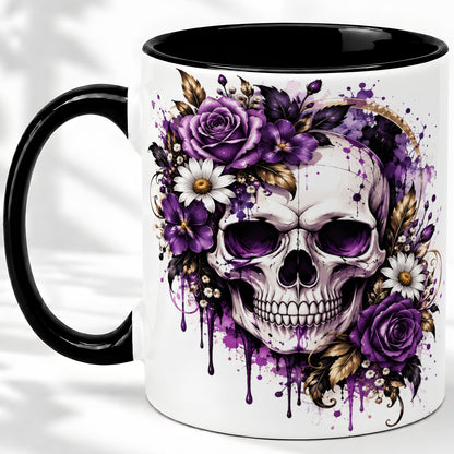 #pl[11oz|Black] Purple Floral Skull Ceramic Mug, Watercolor Gothic Rose Artwork