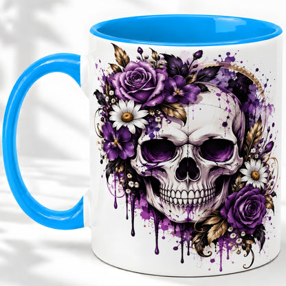 #pl[11oz|Blue] Purple Floral Skull Ceramic Mug, Watercolor Gothic Rose Artwork