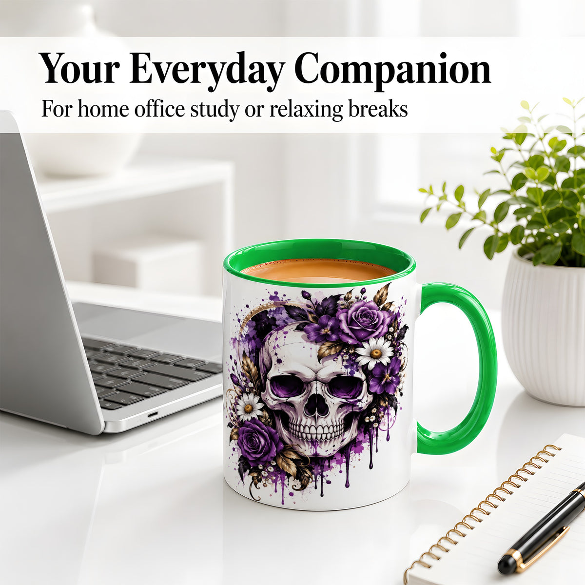 #pl[11oz|Green] Purple Floral Skull Ceramic Mug, Watercolor Gothic Rose Artwork