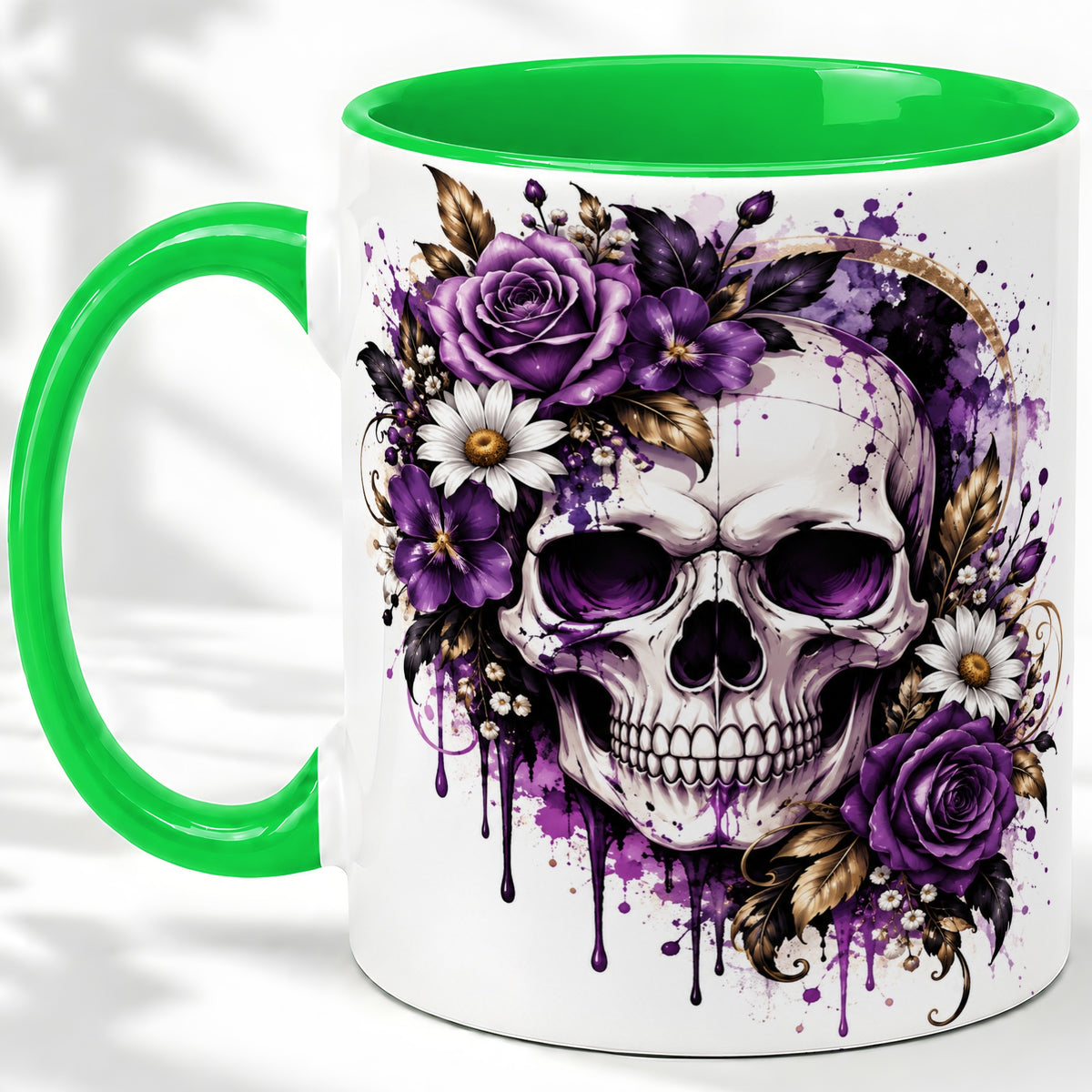 #pl[11oz|Green] Purple Floral Skull Ceramic Mug, Watercolor Gothic Rose Artwork