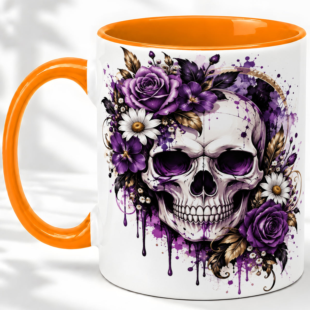 #pl[11oz|Orange] Purple Floral Skull Ceramic Mug, Watercolor Gothic Rose Artwork