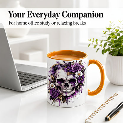 #pl[11oz|Orange] Purple Floral Skull Ceramic Mug, Watercolor Gothic Rose Artwork
