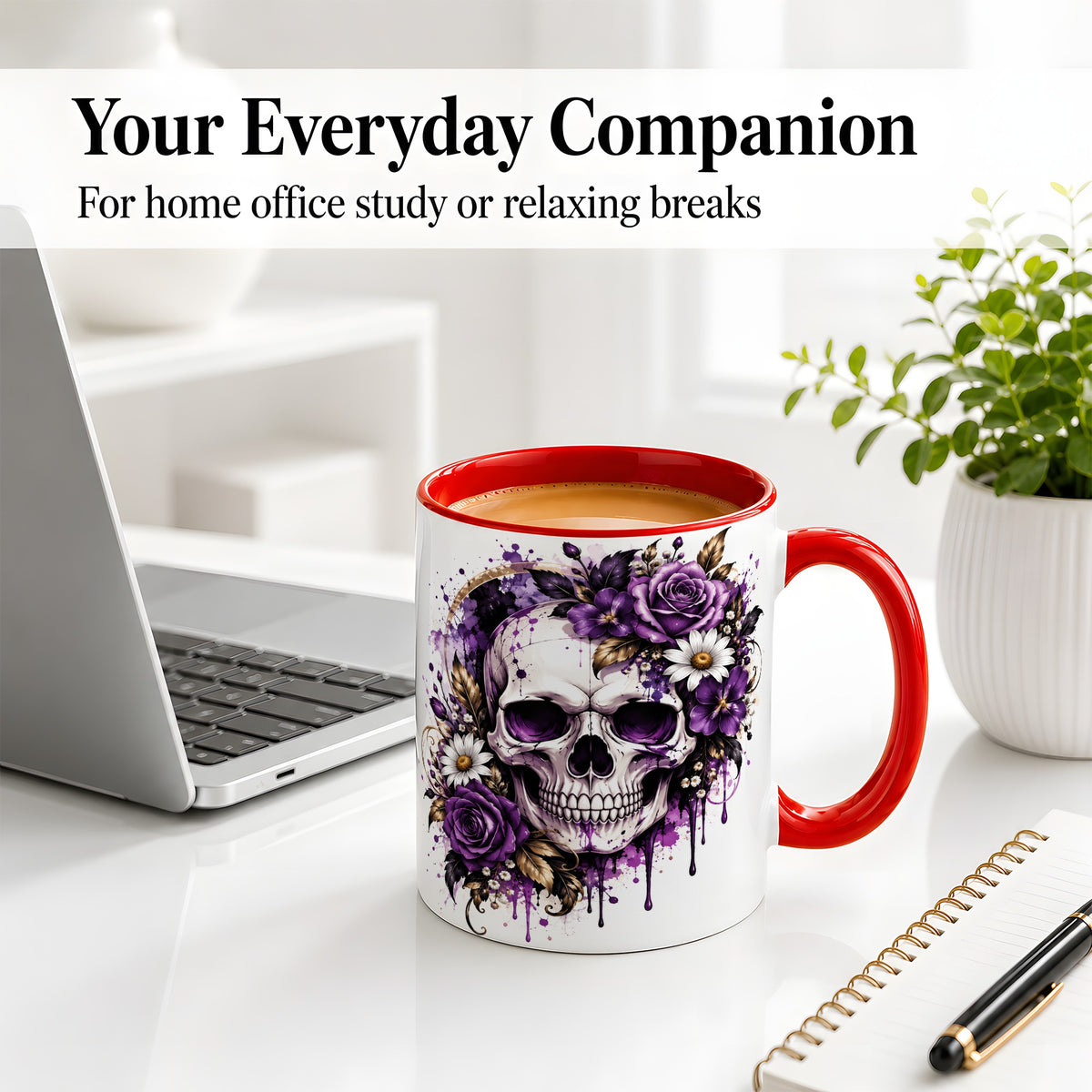 #pl[11oz|Red] Purple Floral Skull Ceramic Mug, Watercolor Gothic Rose Artwork