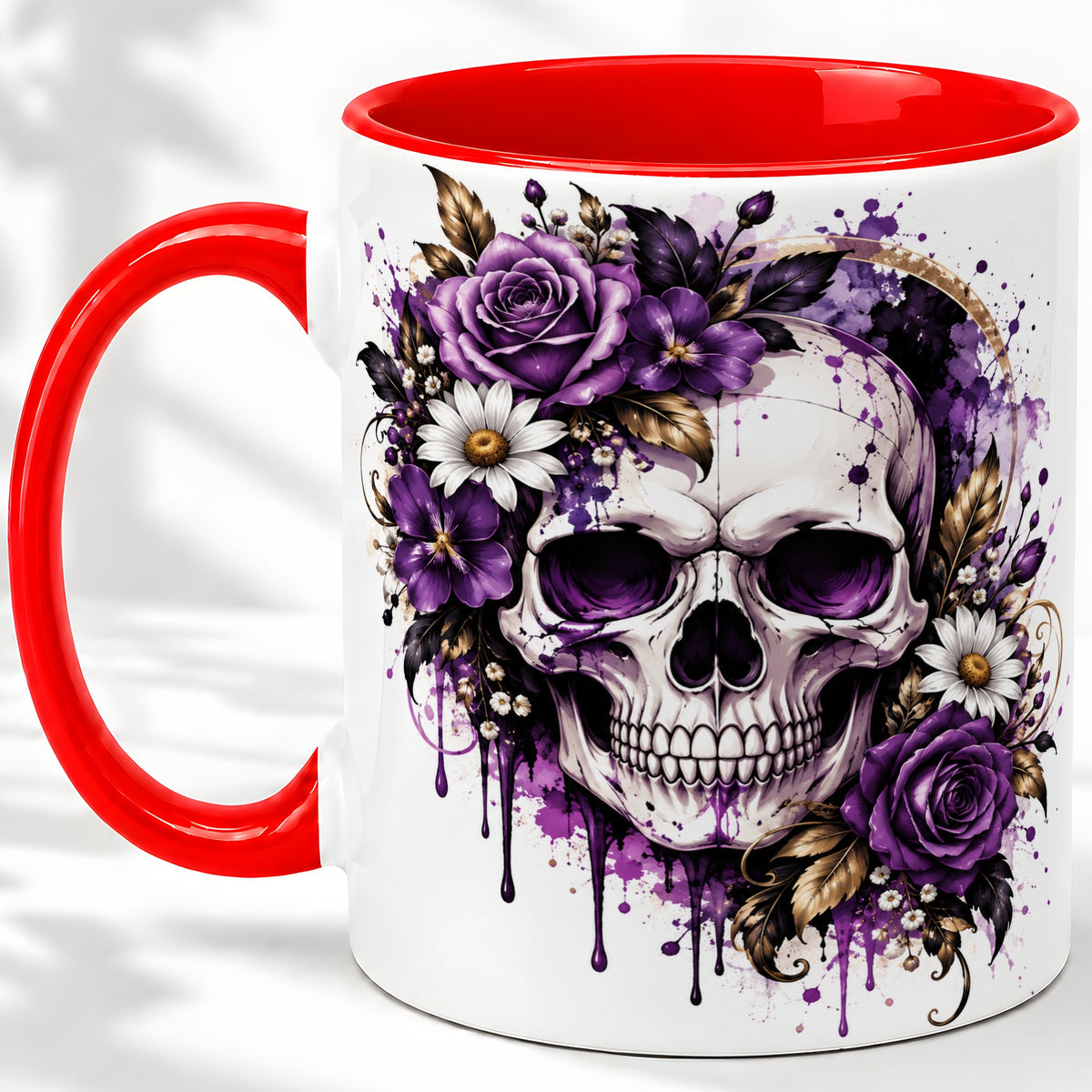 Purple Floral Skull Ceramic Mug, Watercolor Gothic Rose Artwork