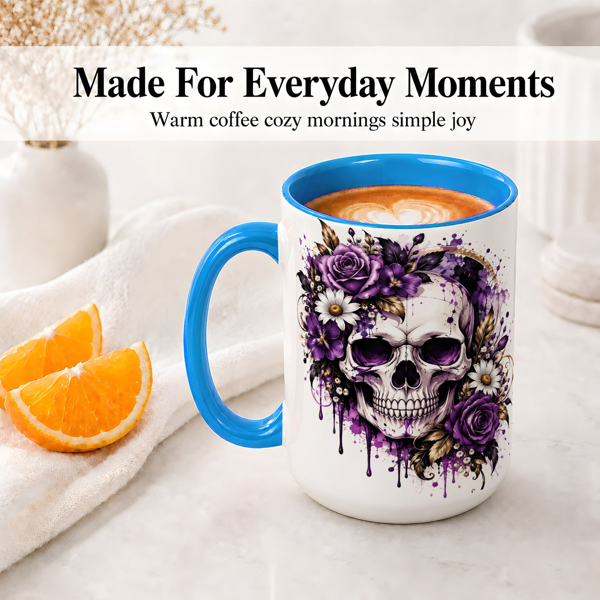 #pl[15oz|Blue] Purple Floral Skull Ceramic Mug, Watercolor Gothic Rose Artwork