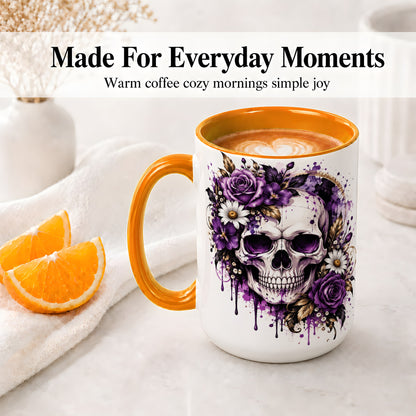 #pl[15oz|Orange] Purple Floral Skull Ceramic Mug, Watercolor Gothic Rose Artwork