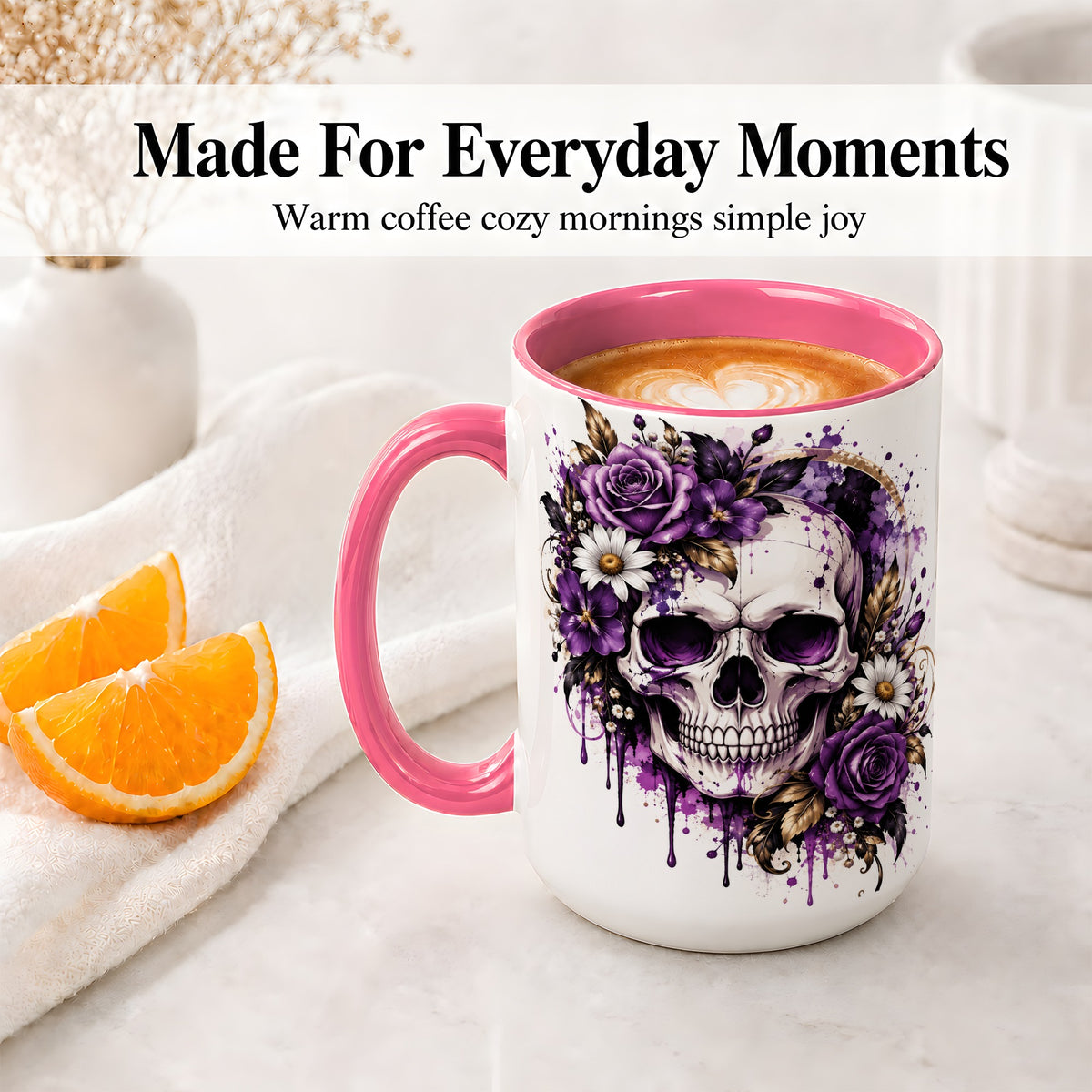 #pl[15oz|Pink] Purple Floral Skull Ceramic Mug, Watercolor Gothic Rose Artwork
