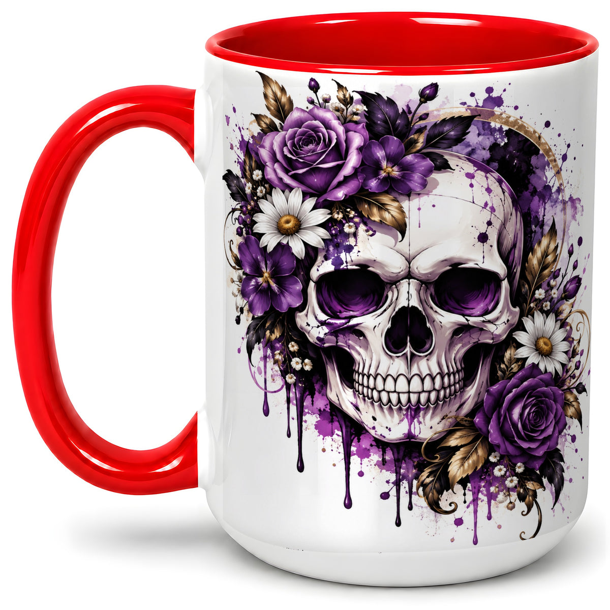 #pl[15oz|Red] Purple Floral Skull Ceramic Mug, Watercolor Gothic Rose Artwork