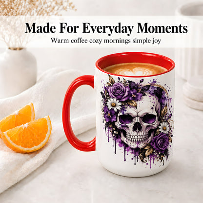 #pl[15oz|Red] Purple Floral Skull Ceramic Mug, Watercolor Gothic Rose Artwork