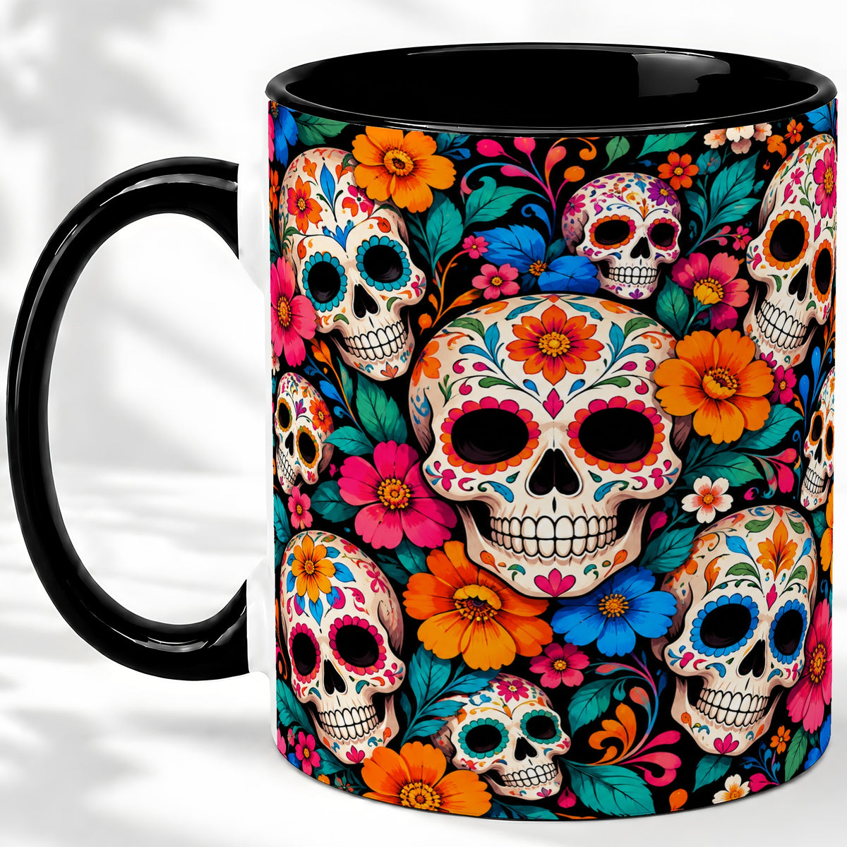 #pl[11oz|Black] Colorful Sugar Skull Ceramic Mug, Floral Day of the Dead Art