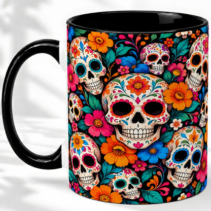 #pl[11oz|Black] Colorful Sugar Skull Ceramic Mug, Floral Day of the Dead Art