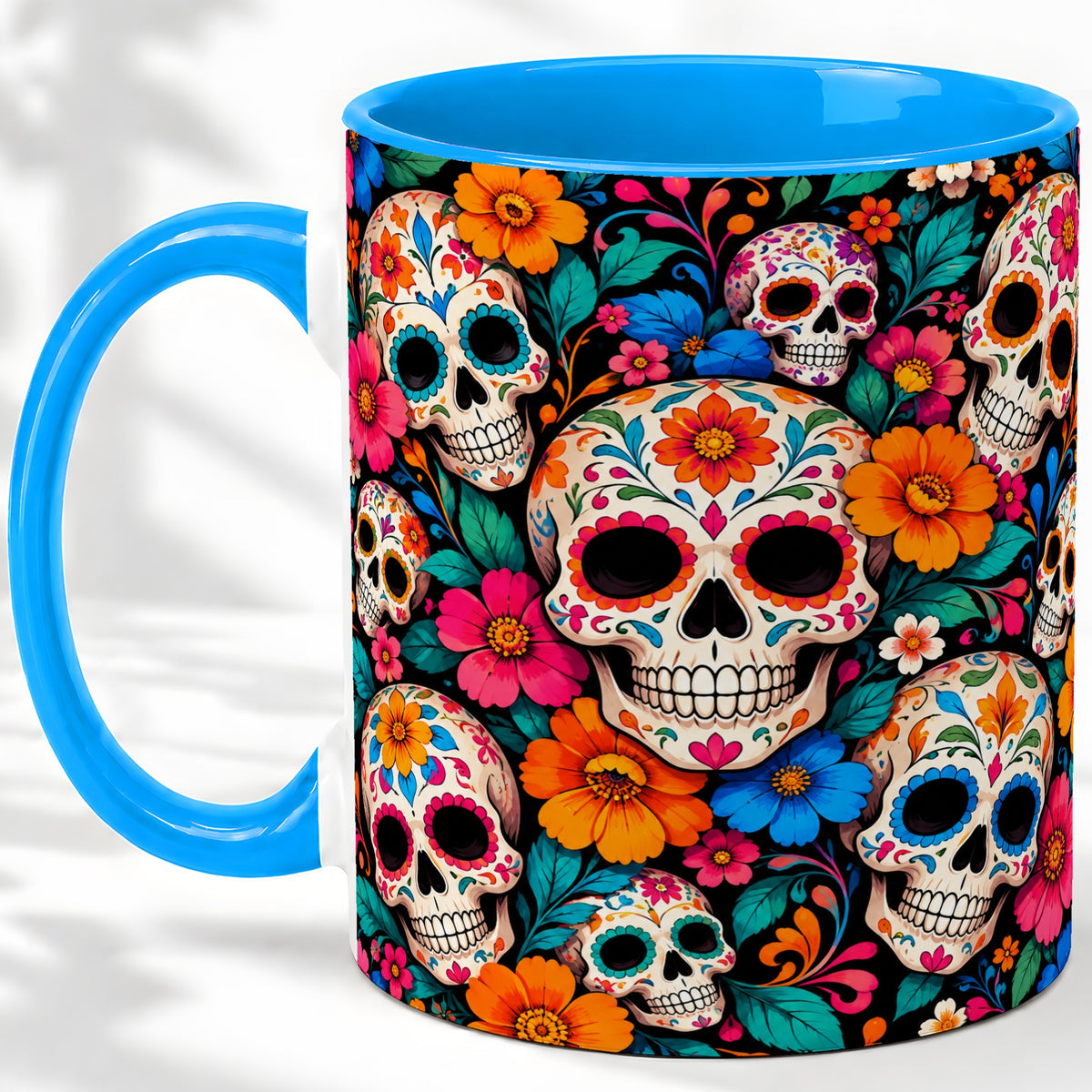#pl[11oz|Blue] Colorful Sugar Skull Ceramic Mug, Floral Day of the Dead Art