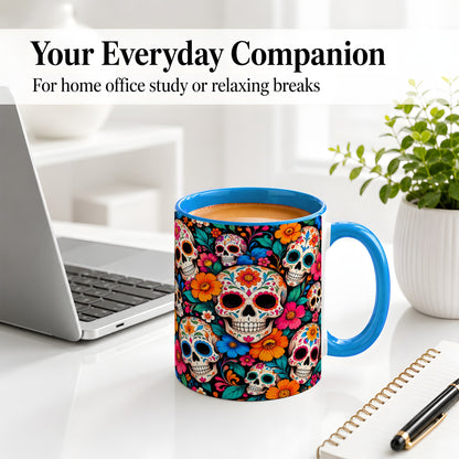 #pl[11oz|Blue] Colorful Sugar Skull Ceramic Mug, Floral Day of the Dead Art