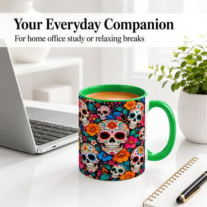 #pl[11oz|Green] Colorful Sugar Skull Ceramic Mug, Floral Day of the Dead Art
