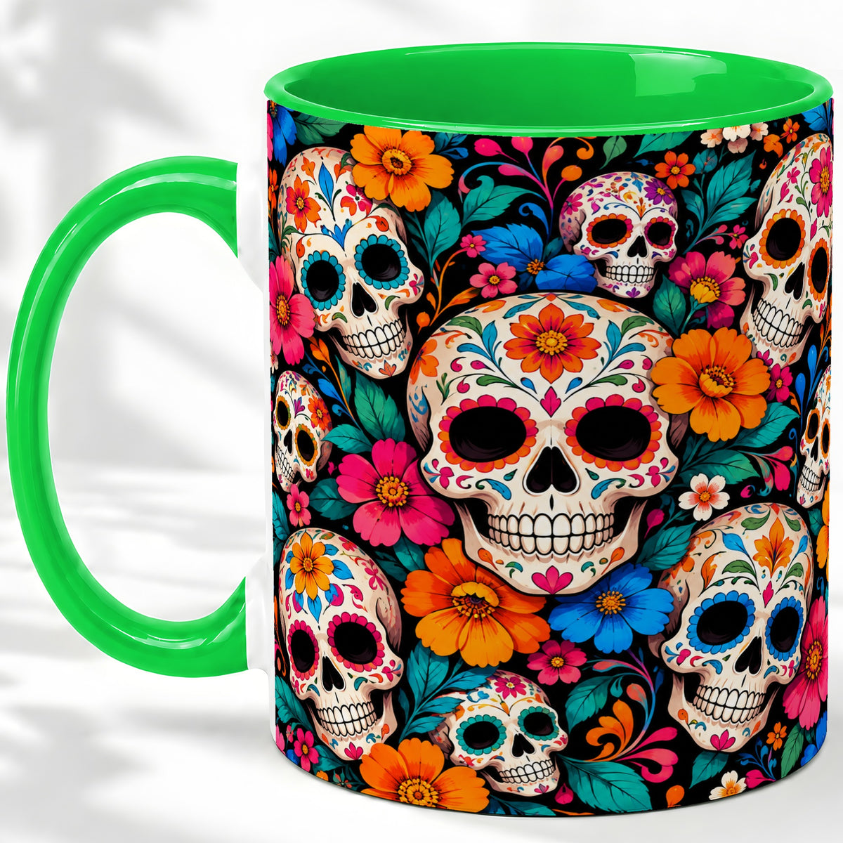 #pl[11oz|Green] Colorful Sugar Skull Ceramic Mug, Floral Day of the Dead Art
