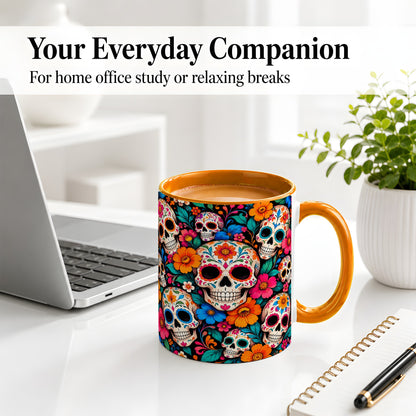 #pl[11oz|Orange] Colorful Sugar Skull Ceramic Mug, Floral Day of the Dead Art