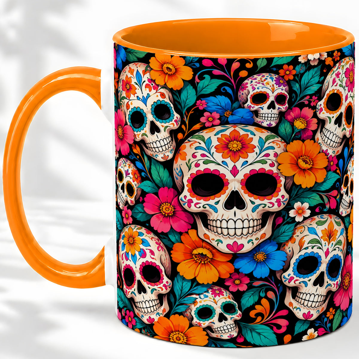 #pl[11oz|Orange] Colorful Sugar Skull Ceramic Mug, Floral Day of the Dead Art