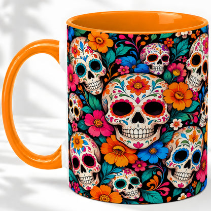 #pl[11oz|Orange] Colorful Sugar Skull Ceramic Mug, Floral Day of the Dead Art