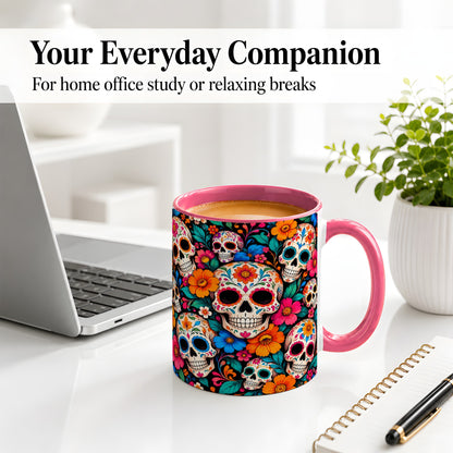 #pl[11oz|Pink] Colorful Sugar Skull Ceramic Mug, Floral Day of the Dead Art