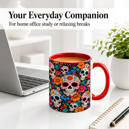 #pl[11oz|Red] Colorful Sugar Skull Ceramic Mug, Floral Day of the Dead Art