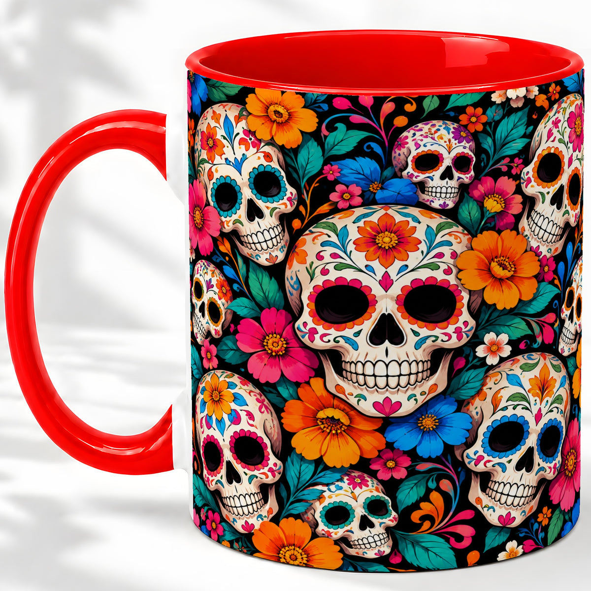 Colorful Sugar Skull Ceramic Mug, Floral Day of the Dead Art