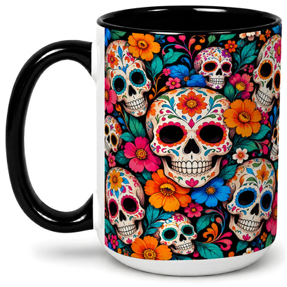 #pl[15oz|Black] Colorful Sugar Skull Ceramic Mug, Floral Day of the Dead Art