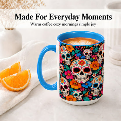 #pl[15oz|Blue] Colorful Sugar Skull Ceramic Mug, Floral Day of the Dead Art