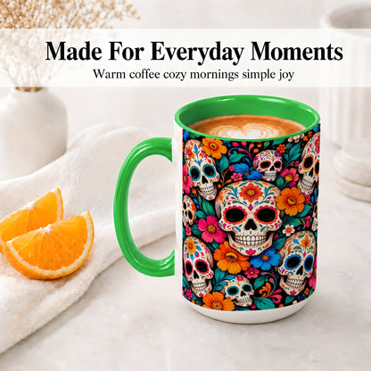 #pl[15oz|Green] Colorful Sugar Skull Ceramic Mug, Floral Day of the Dead Art