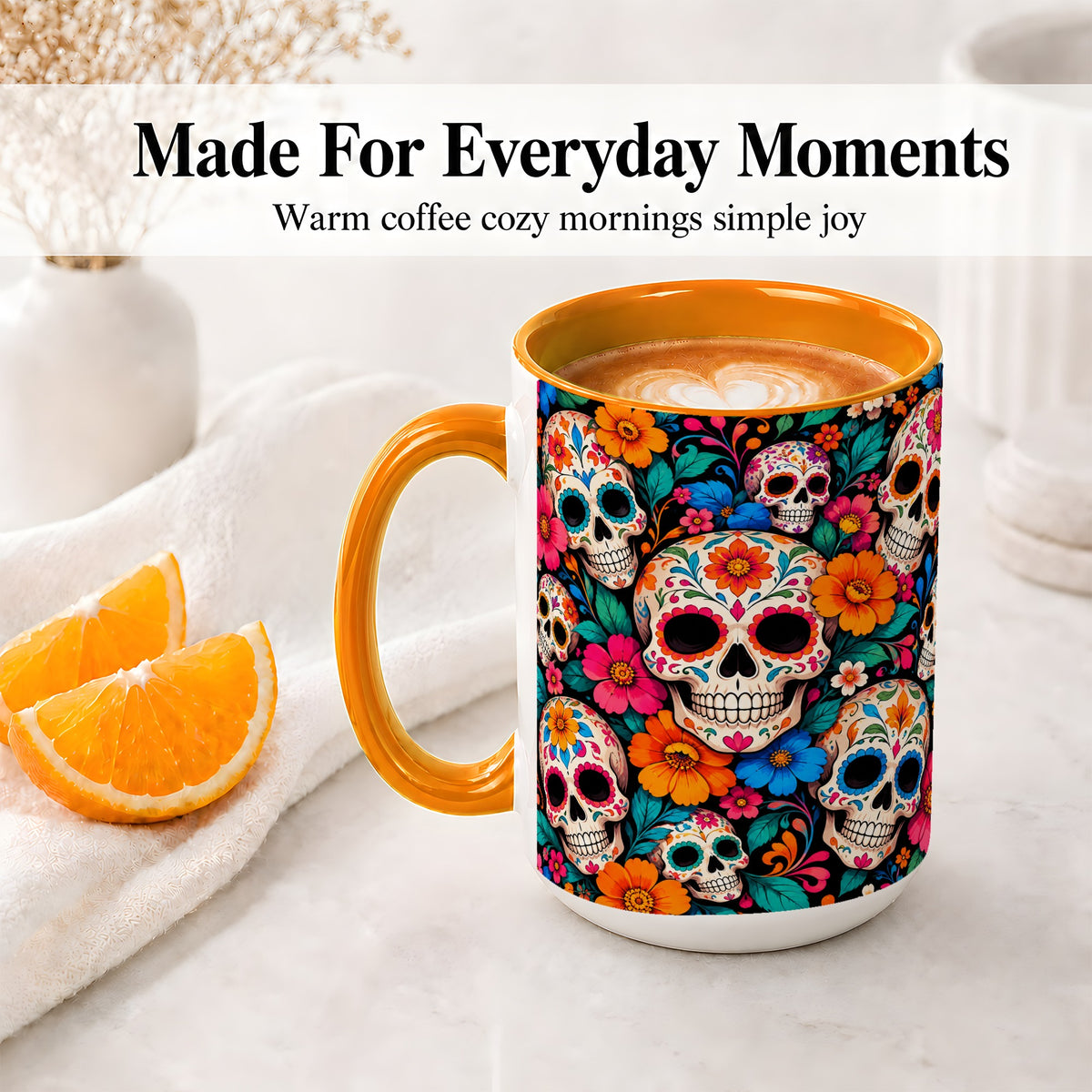 #pl[15oz|Orange] Colorful Sugar Skull Ceramic Mug, Floral Day of the Dead Art