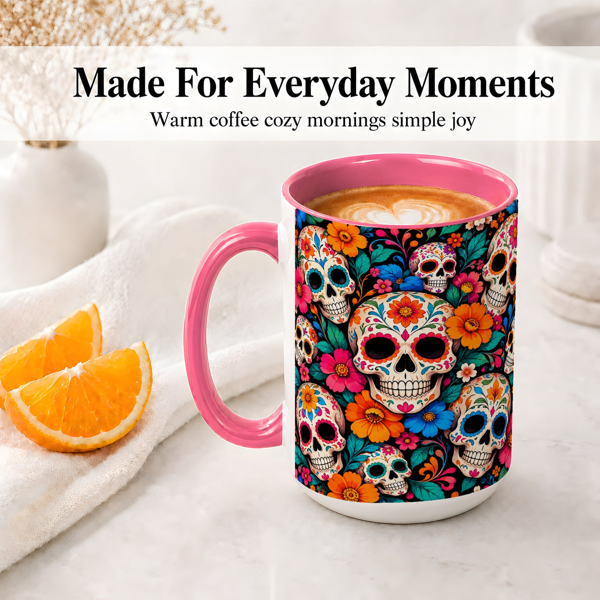 #pl[15oz|Pink] Colorful Sugar Skull Ceramic Mug, Floral Day of the Dead Art