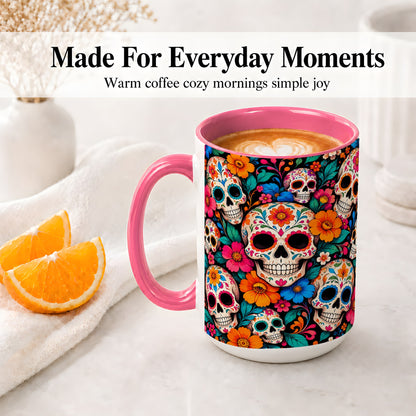 #pl[15oz|Pink] Colorful Sugar Skull Ceramic Mug, Floral Day of the Dead Art