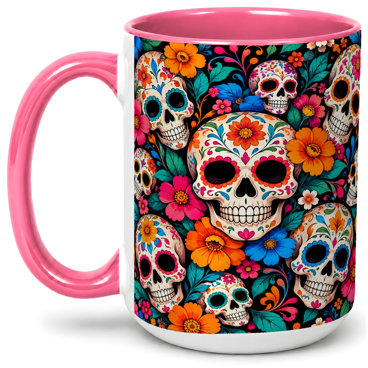 #pl[15oz|Pink] Colorful Sugar Skull Ceramic Mug, Floral Day of the Dead Art