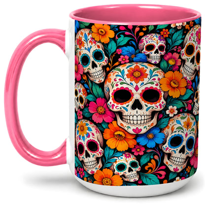 #pl[15oz|Pink] Colorful Sugar Skull Ceramic Mug, Floral Day of the Dead Art